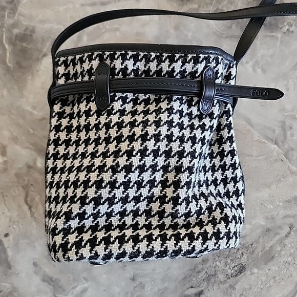 Polo Ralph Lauren Black White Houndstooth Mini Bellport Bucket Bag NWT 498$ - Picture 4 of 6